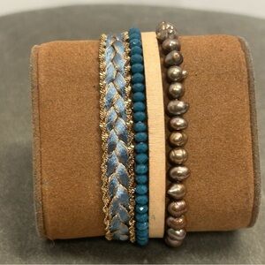 Victoria Emerson turquoise blue ribbon beaded bronze pearl multi strand bracelet